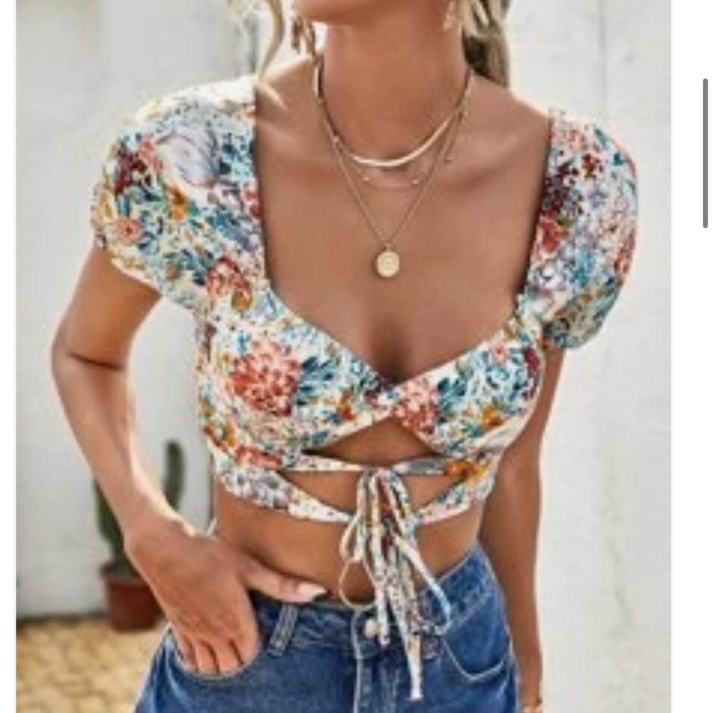 Floral Crop Top With Tie Front